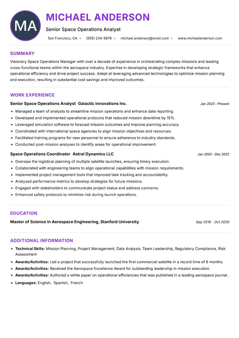 Space Operations Manager resume example — ATS-friendly template