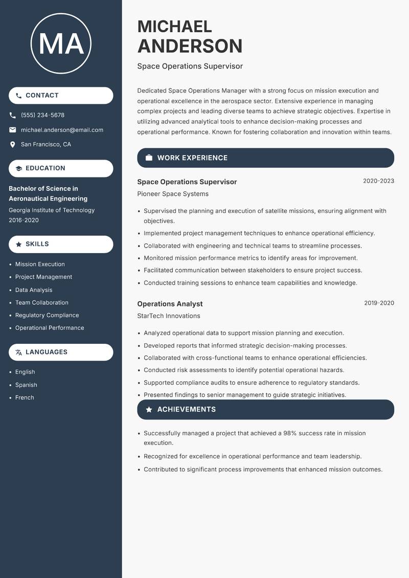 Space Operations Manager resume template — Compact