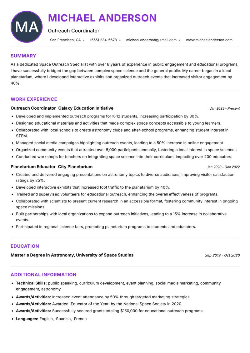 Space Outreach Specialist resume example — ATS-friendly template