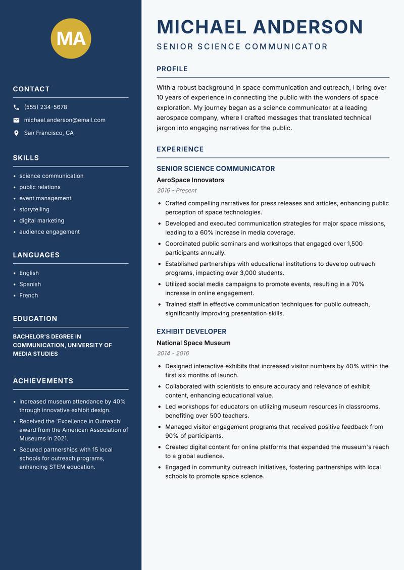 Space Outreach Specialist resume template — Classic Clean