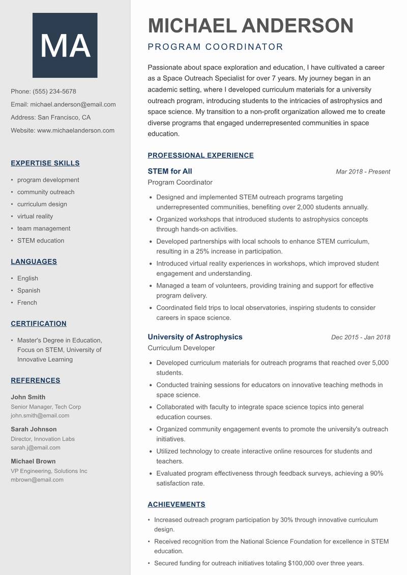 Space Outreach Specialist resume template — Creative Minimal