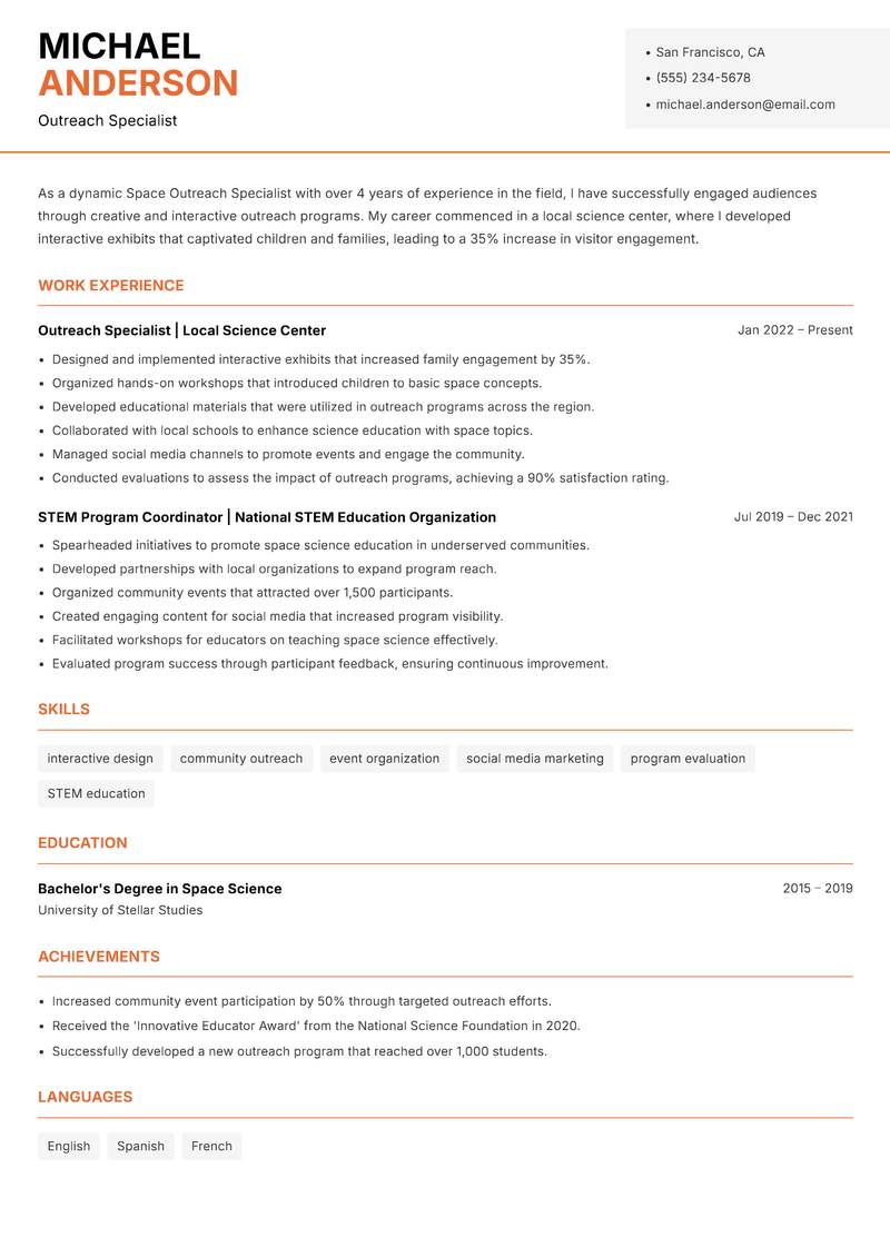 Space Outreach Specialist resume template — Modern Professional