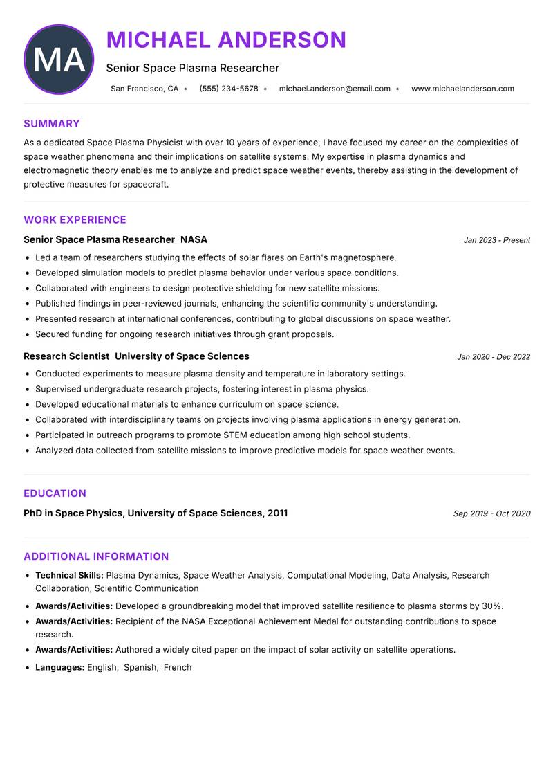 Space Plasma Physicist resume example — ATS-friendly template