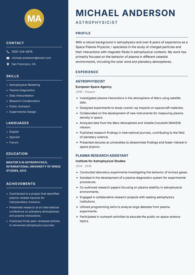 Space Plasma Physicist resume template — Classic Clean