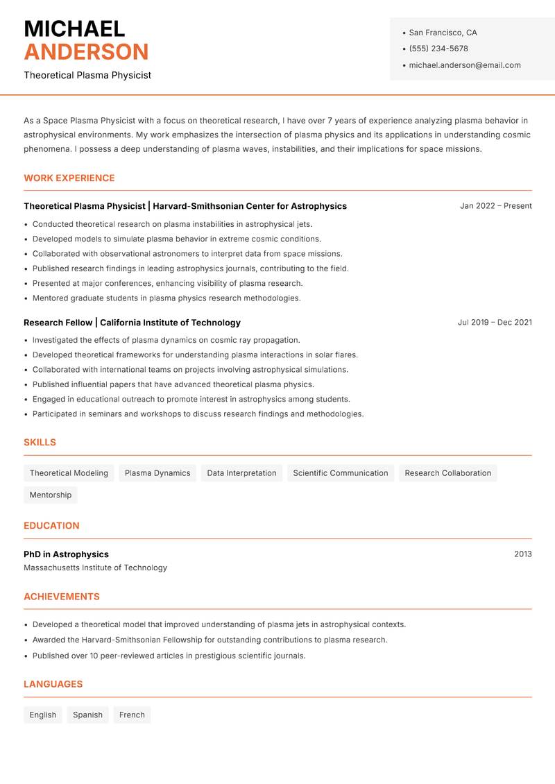 Space Plasma Physicist resume template — Modern Professional