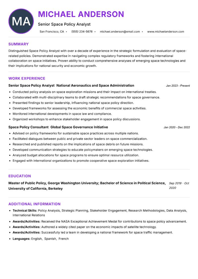 Space Policy Analyst resume example — ATS-friendly template