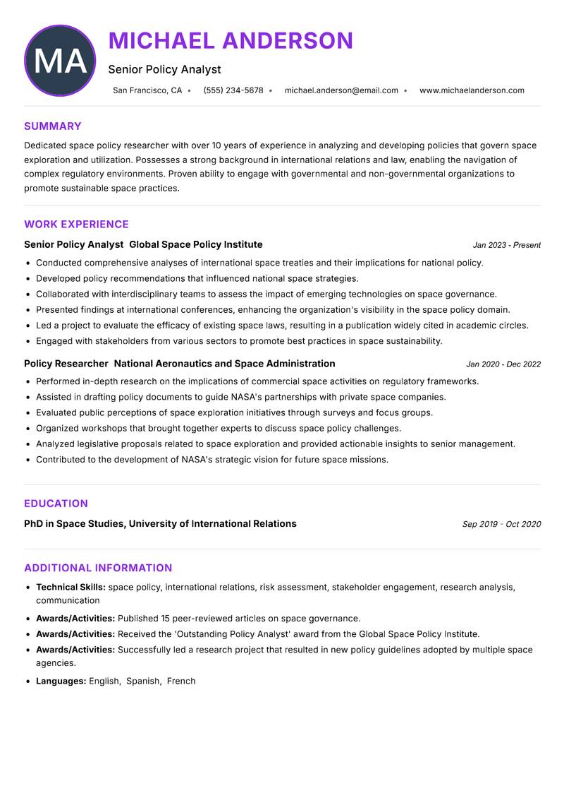 Space Policy Researcher resume example — ATS-friendly template