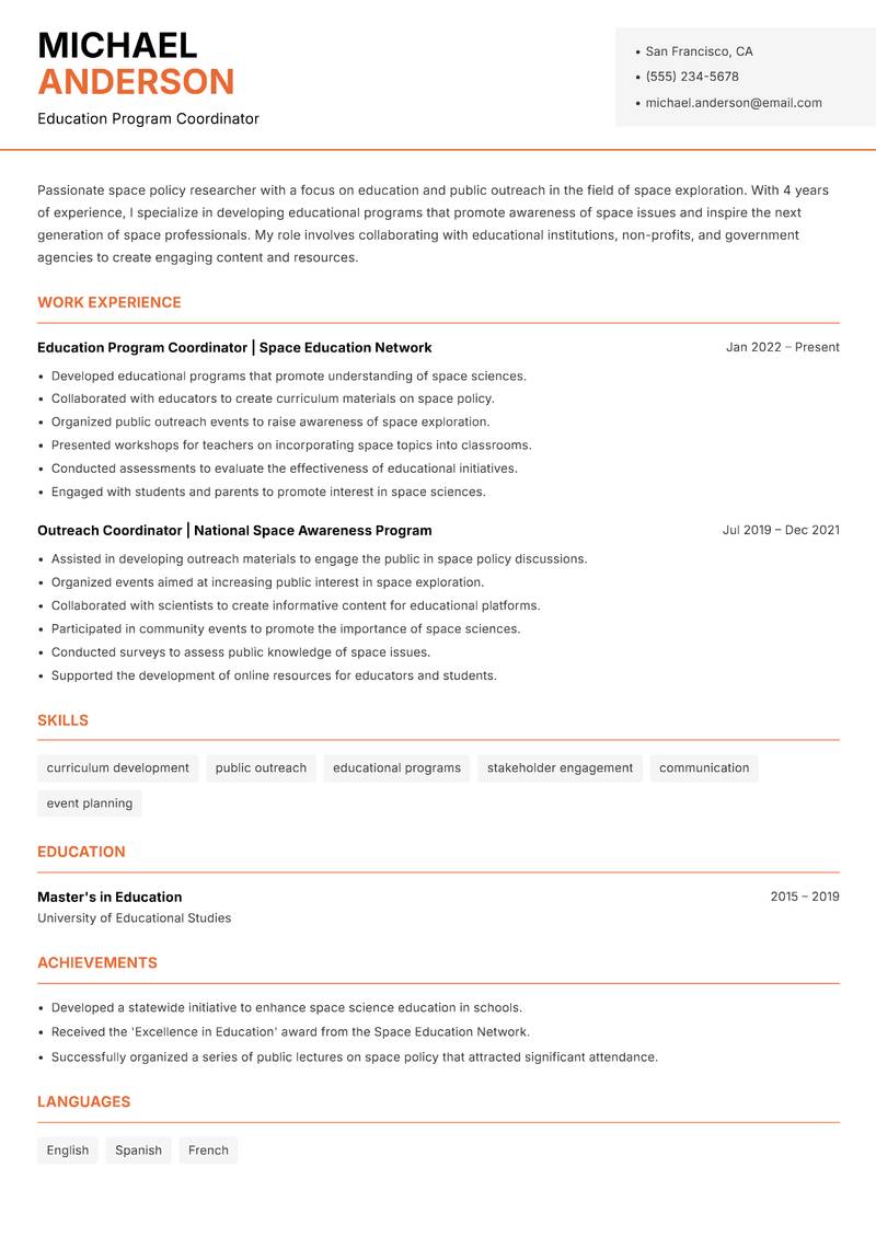 Space Policy Researcher resume template — Modern Professional