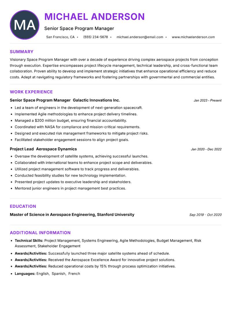 Space Program Manager resume example — ATS-friendly template