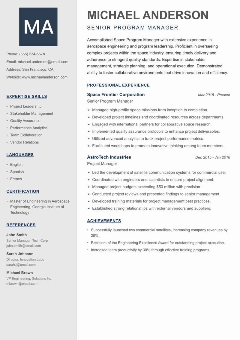 Space Program Manager resume template — Creative Minimal