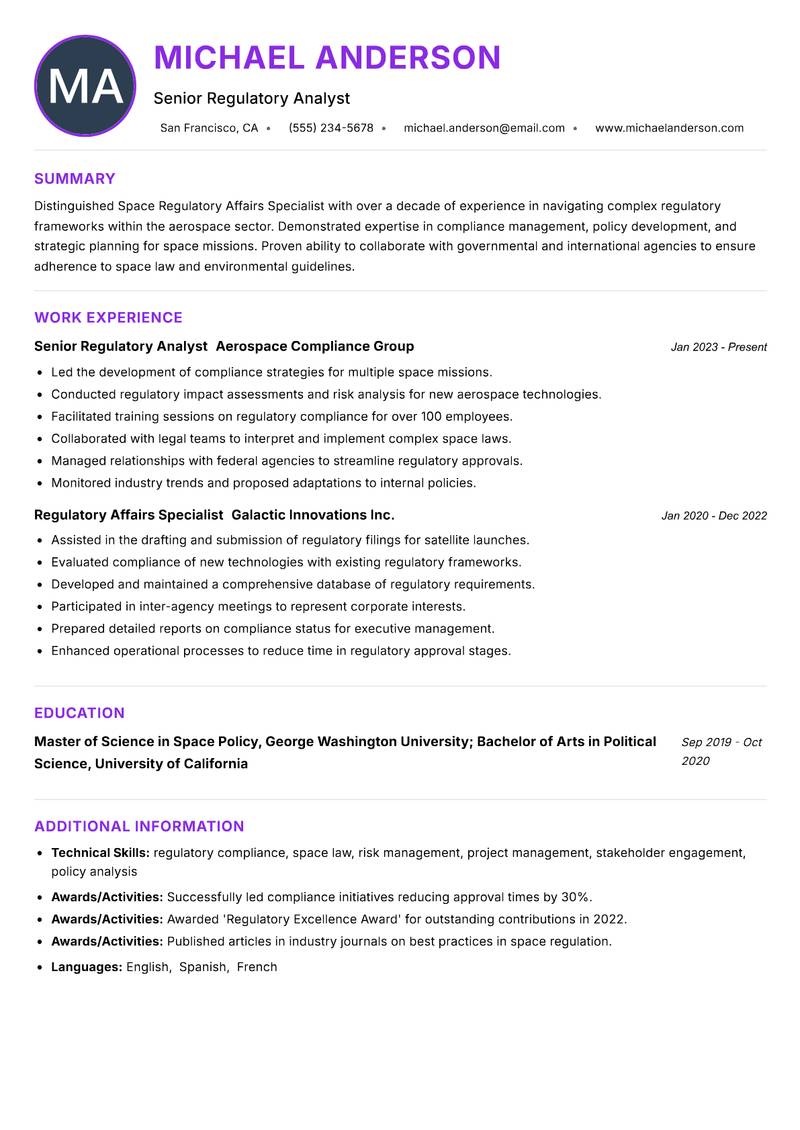 Space Regulatory Affairs Specialist resume example — ATS-friendly template