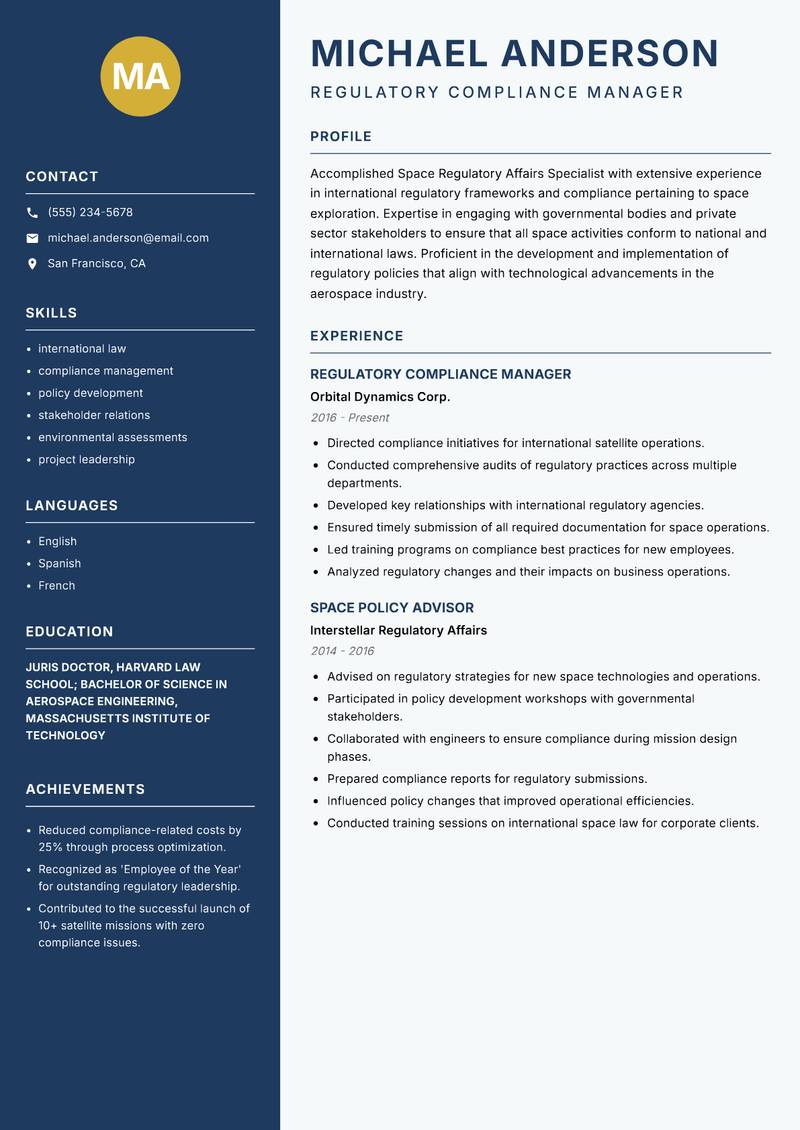 Space Regulatory Affairs Specialist resume template — Classic Clean