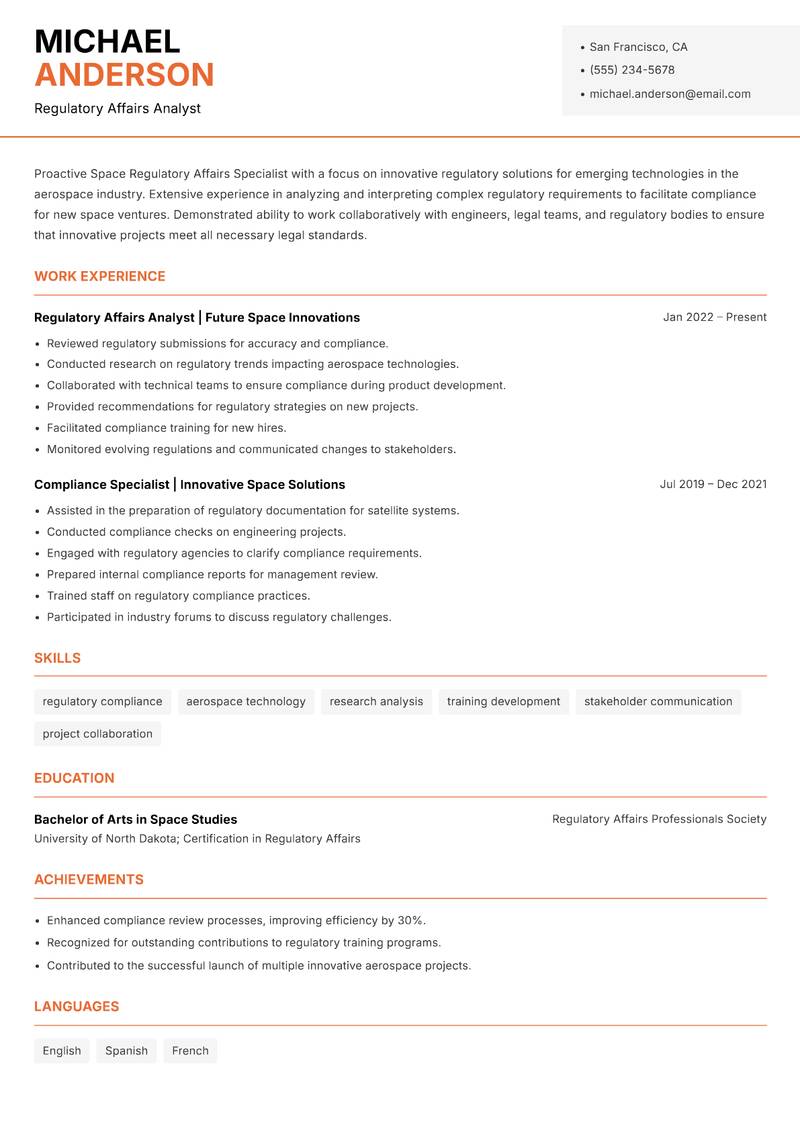 Space Regulatory Affairs Specialist resume template — Modern Professional