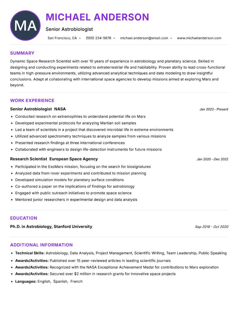 Space Research Scientist resume example — ATS-friendly template
