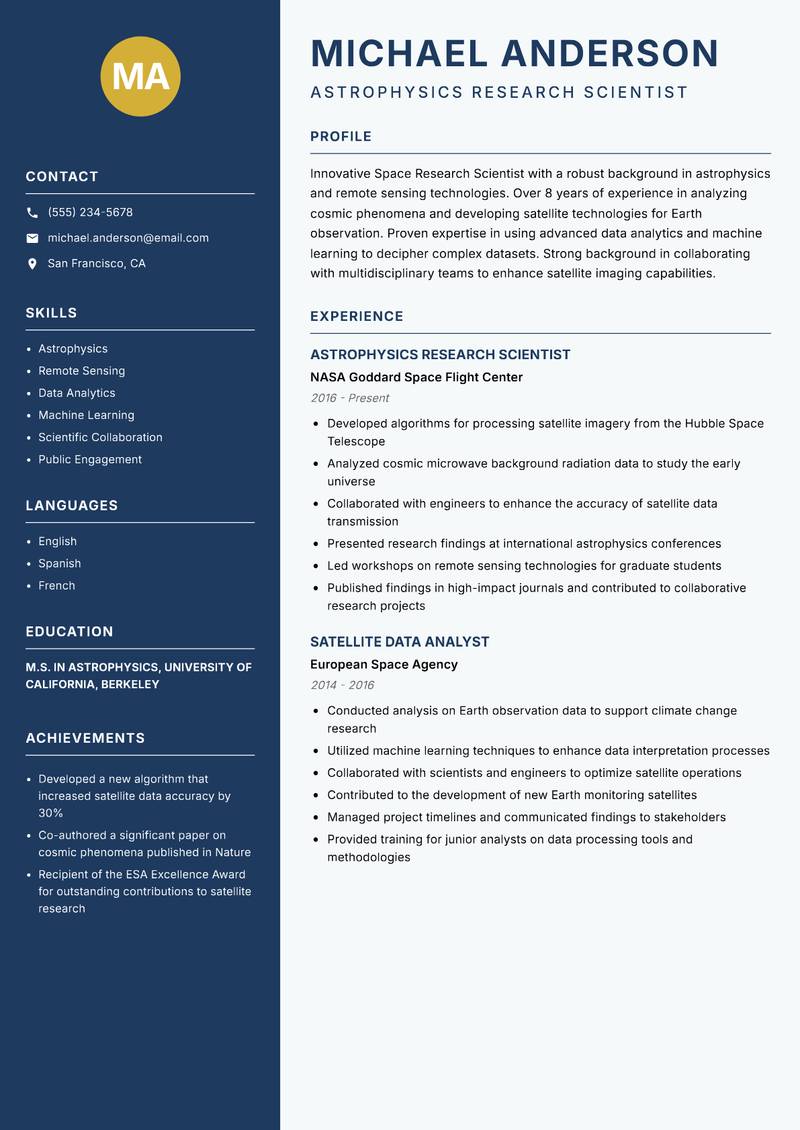 Space Research Scientist resume template — Classic Clean