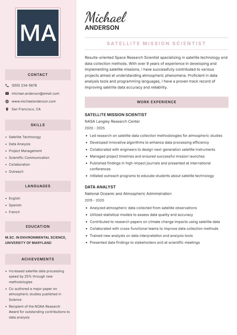 Space Research Scientist resume template — Executive