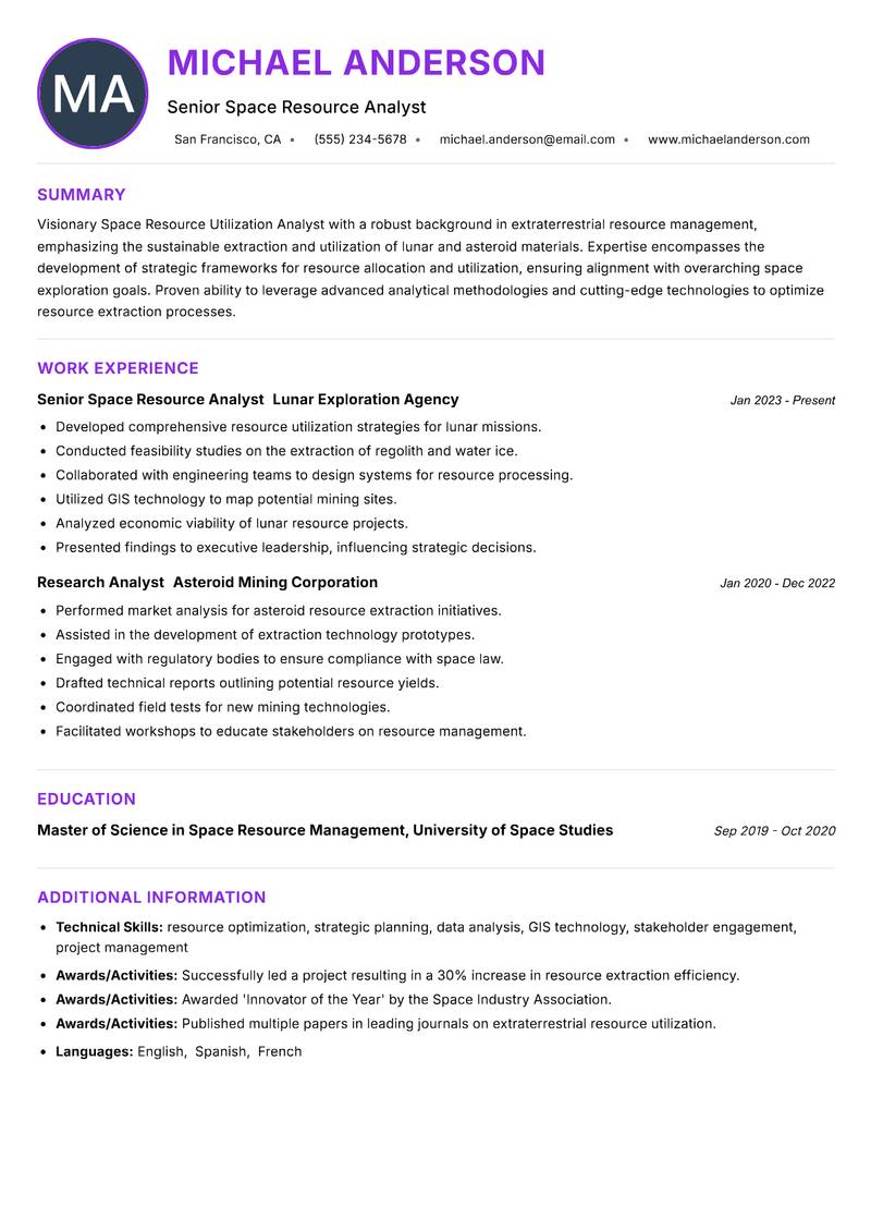Space Resource Utilization Analyst resume example — ATS-friendly template
