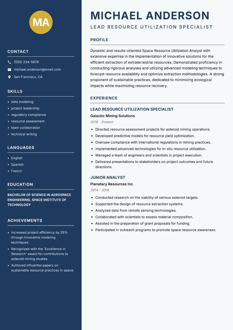 Space Resource Utilization Analyst resume template — Classic Clean