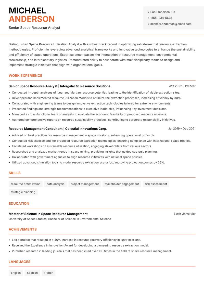 Space Resource Utilization Analyst resume template — Modern Professional