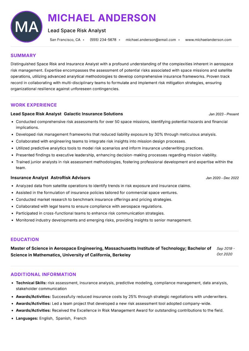 Space Risk and Insurance Analyst resume example — ATS-friendly template