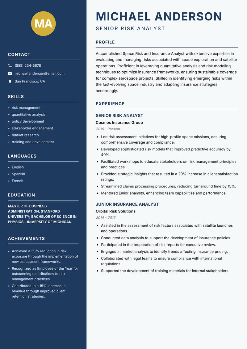 Space Risk and Insurance Analyst resume template — Classic Clean