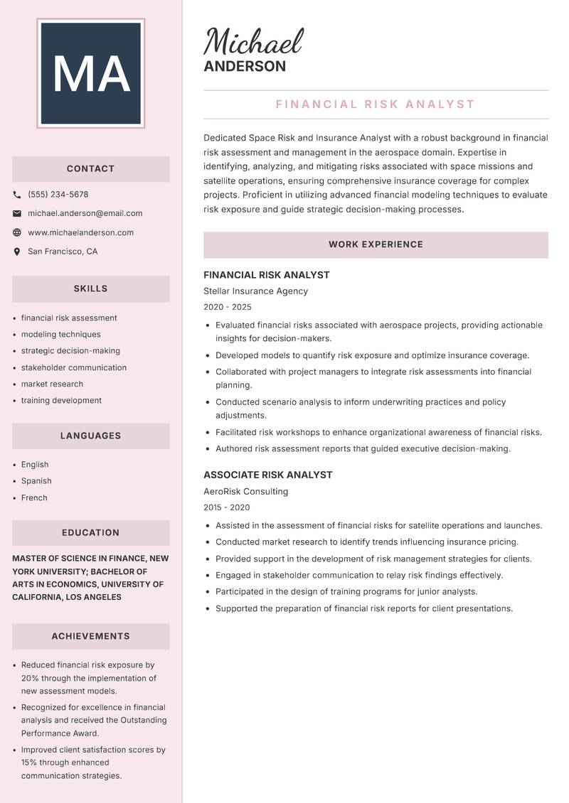 Space Risk and Insurance Analyst resume template — Executive