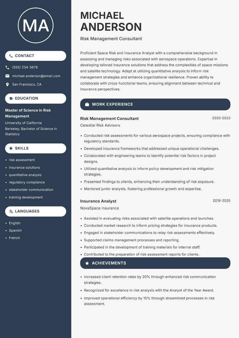 Space Risk and Insurance Analyst resume template — Compact