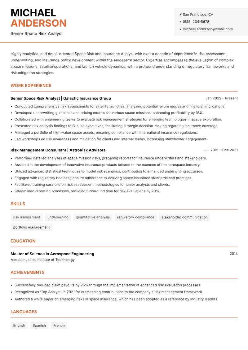 Space Risk and Insurance Analyst resume template — Modern Professional