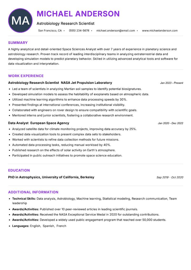 Space Sciences Analyst resume example — ATS-friendly template