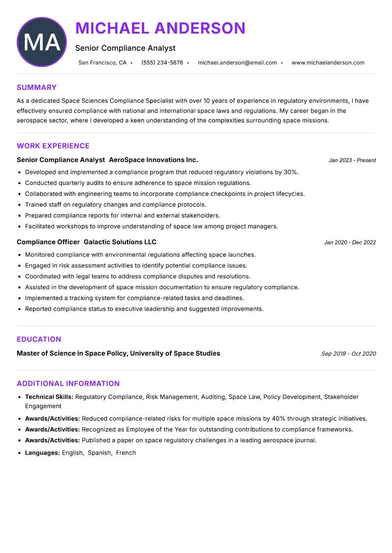 Space Sciences Compliance Specialist resume example — ATS-friendly template