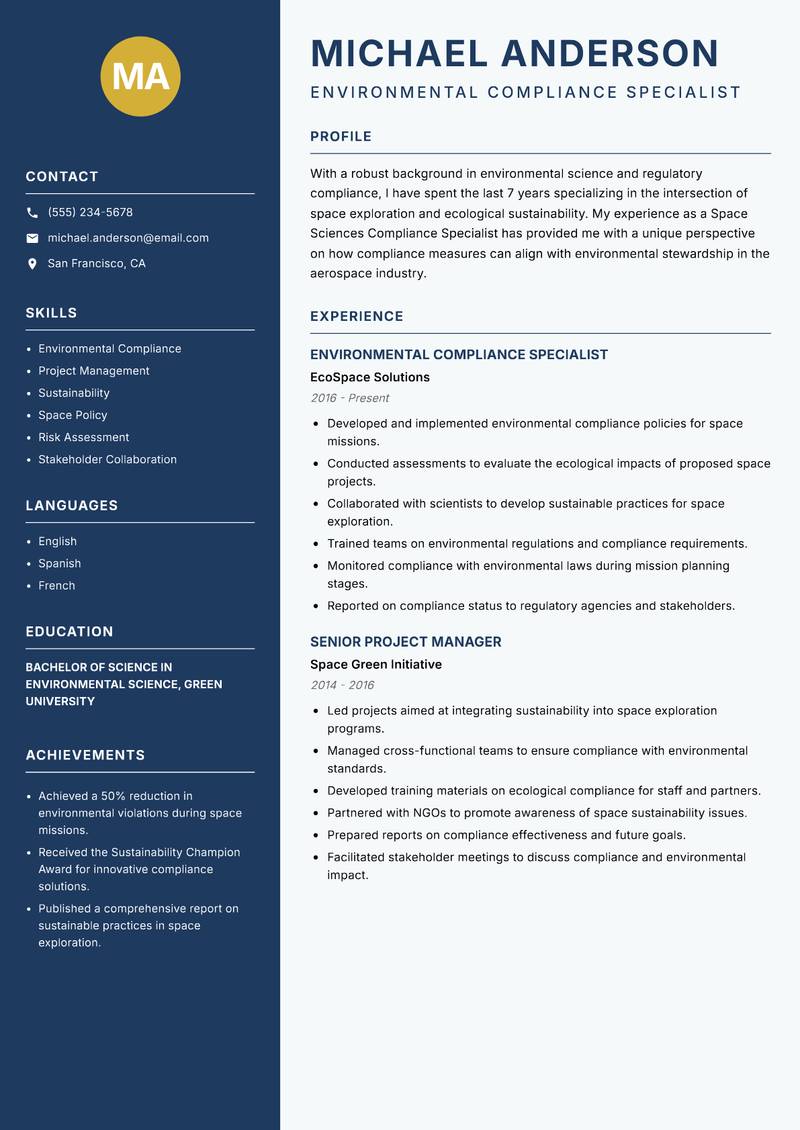 Space Sciences Compliance Specialist resume template — Classic Clean