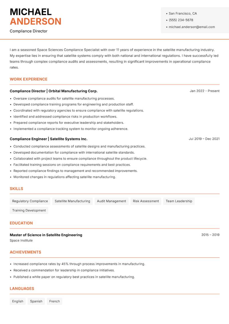 Space Sciences Compliance Specialist resume template — Modern Professional