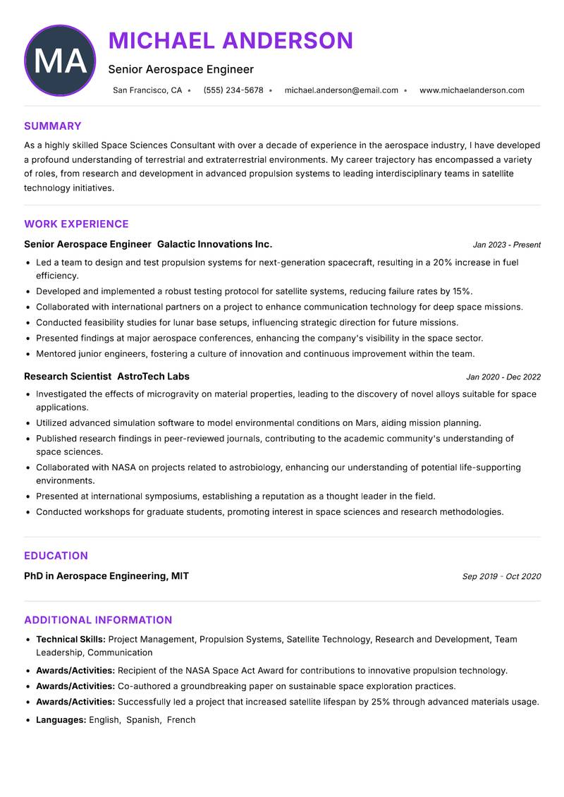 Space Sciences Consultant resume example — ATS-friendly template