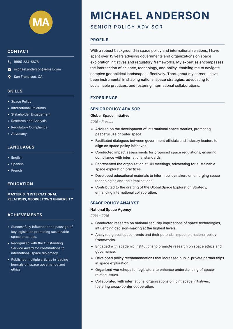 Space Sciences Consultant resume template — Classic Clean