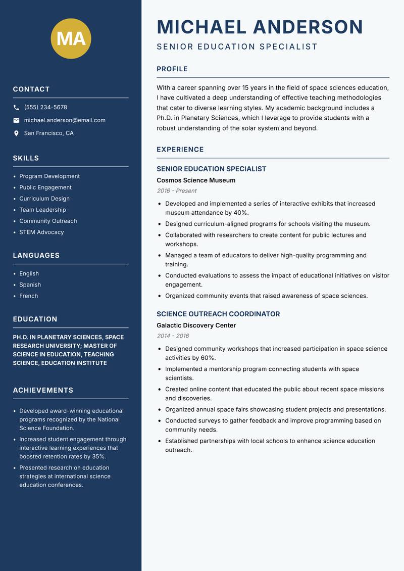 Space Sciences Educator resume template — Classic Clean