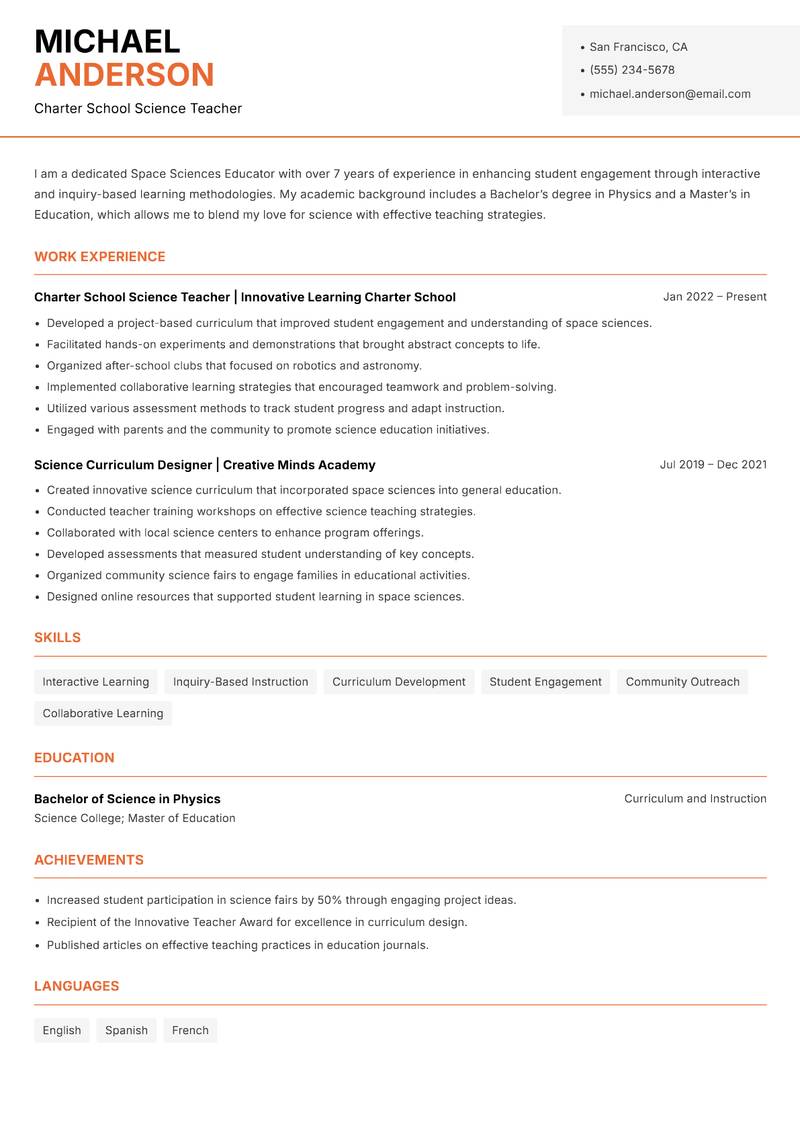 Space Sciences Educator resume template — Modern Professional