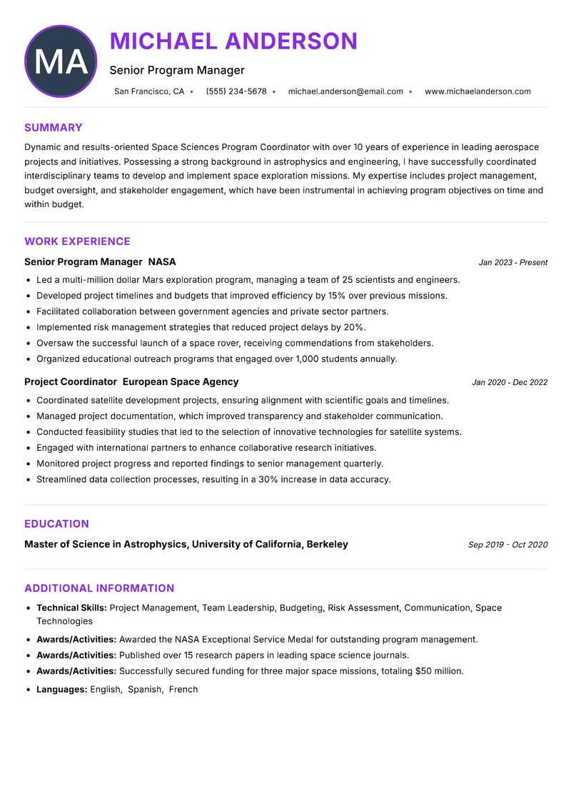Space Sciences Program Coordinator resume example — ATS-friendly template
