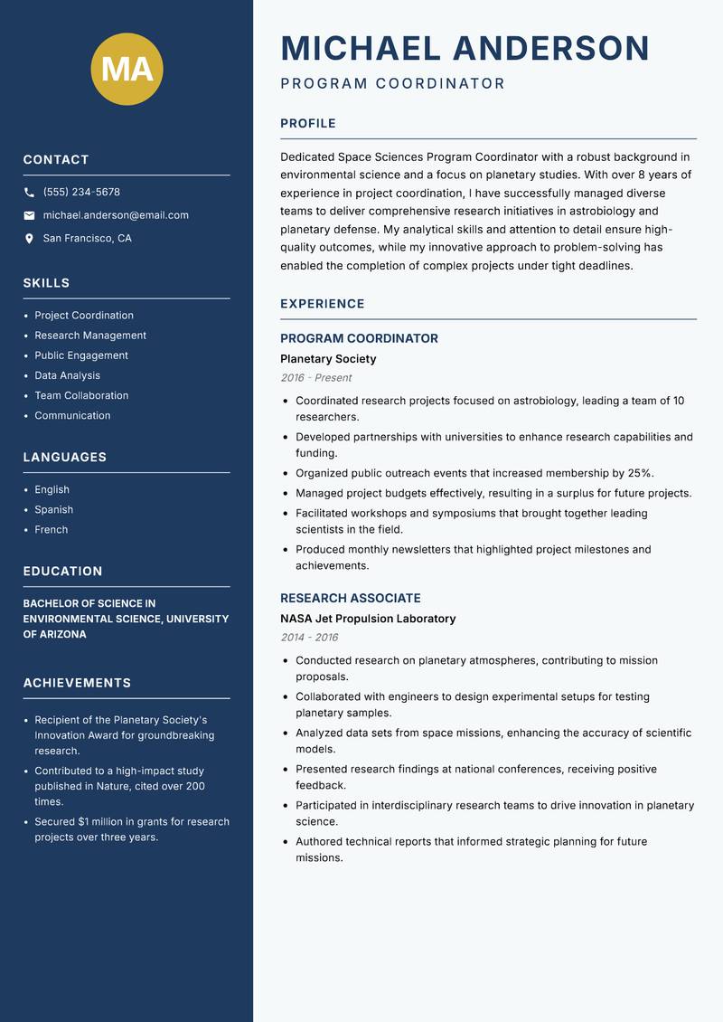 Space Sciences Program Coordinator resume template — Classic Clean