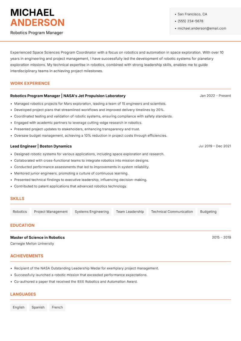 Space Sciences Program Coordinator resume template — Modern Professional