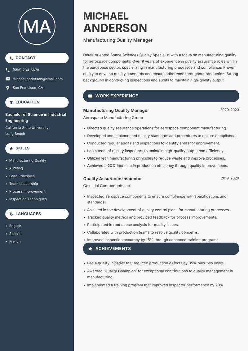Space Sciences Quality Specialist resume template — Compact