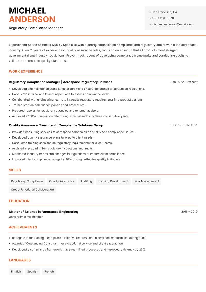 Space Sciences Quality Specialist resume template — Modern Professional