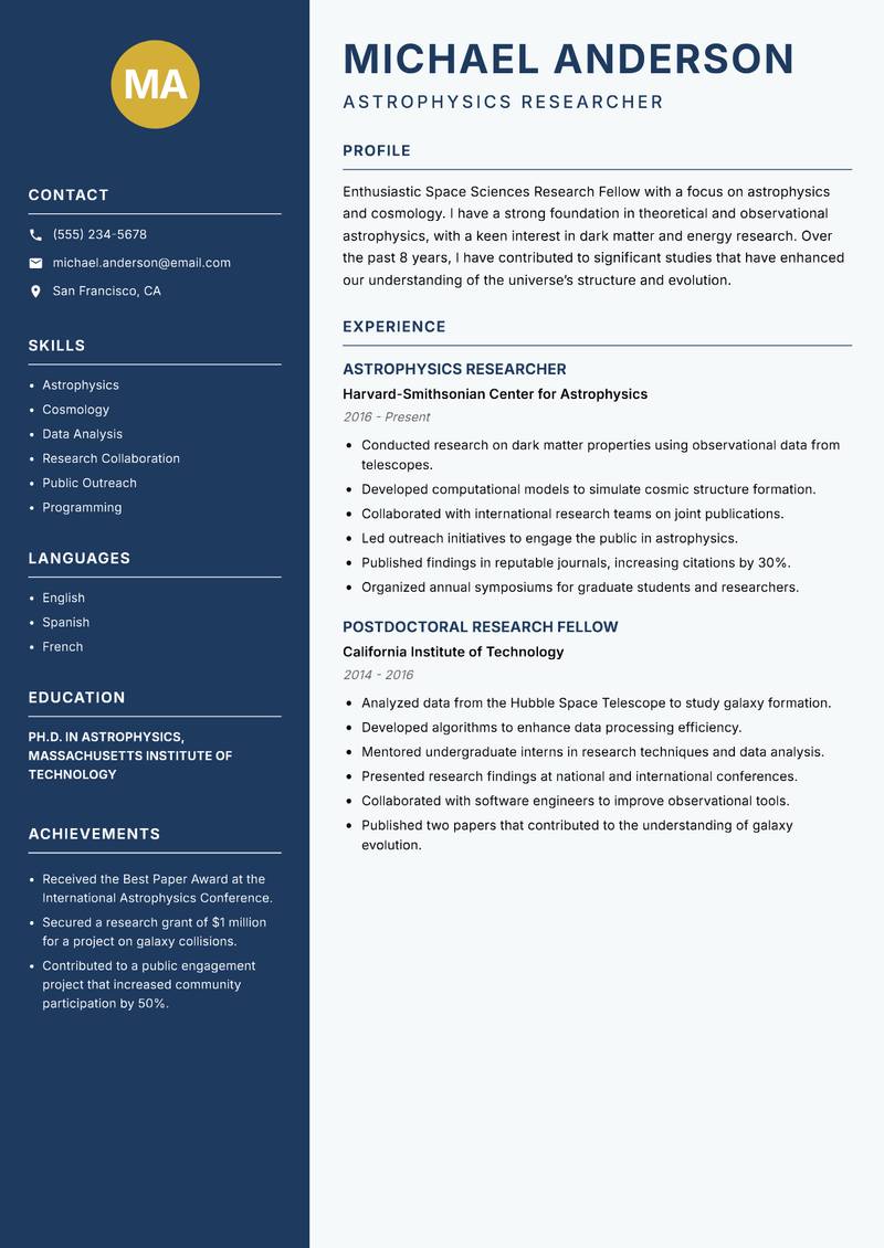 Space Sciences Research Fellow resume template — Classic Clean