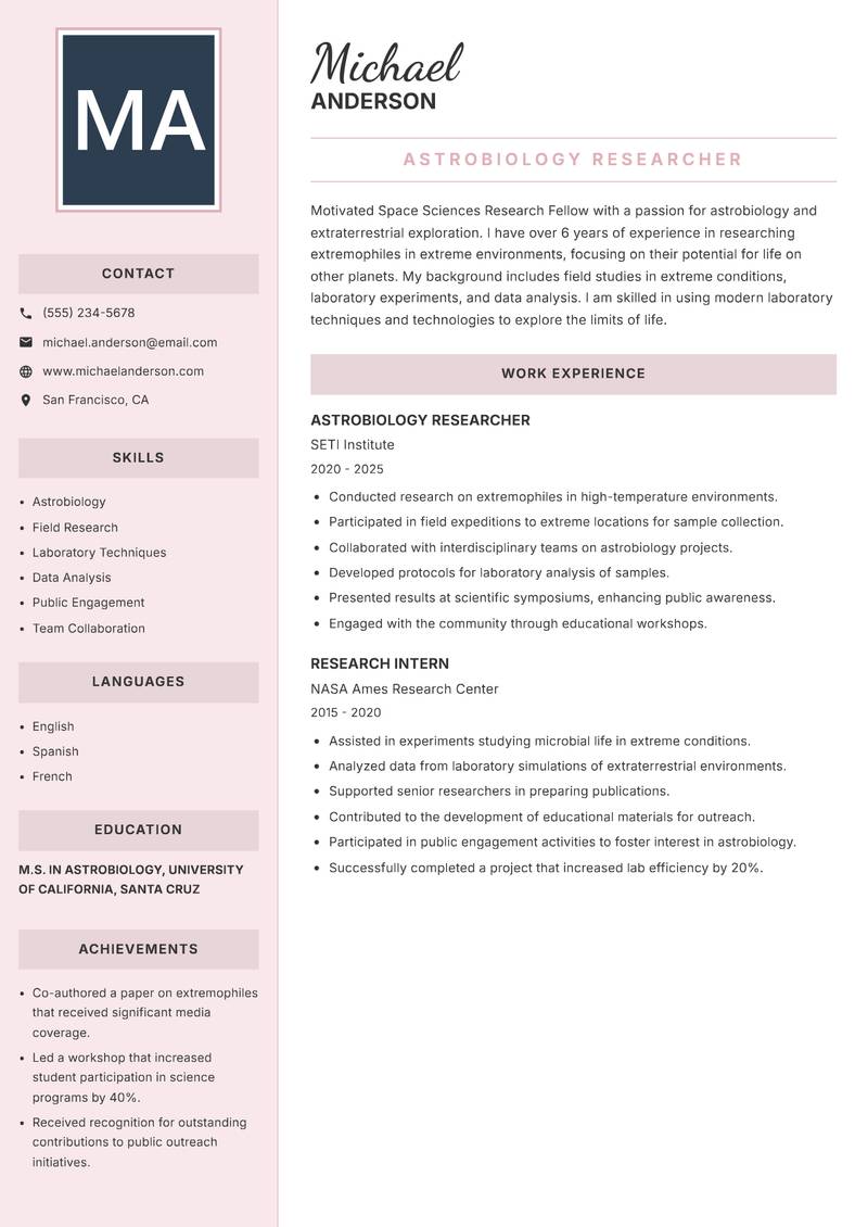 Space Sciences Research Fellow resume template — Executive