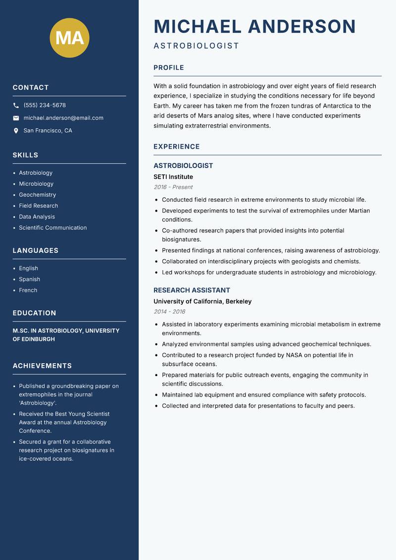 Space Sciences Researcher resume template — Classic Clean