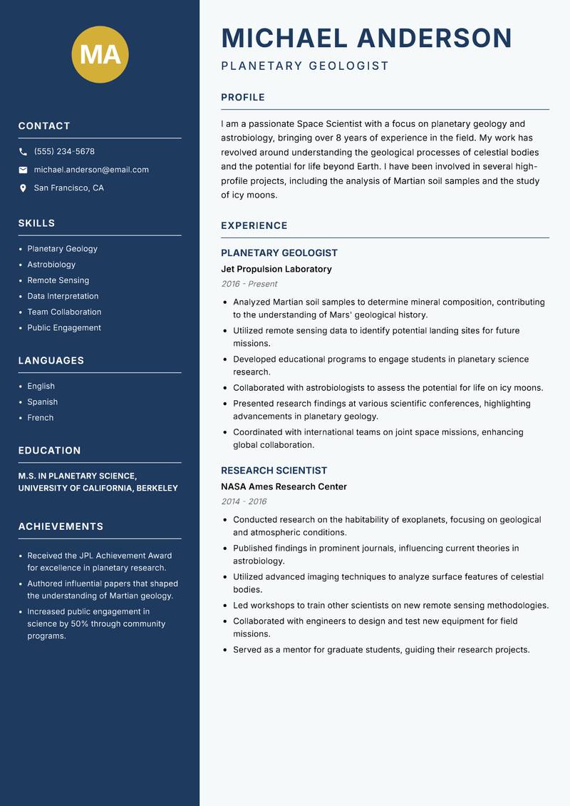 Space Scientist resume template — Classic Clean