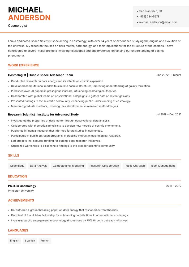 Space Scientist resume template — Modern Professional