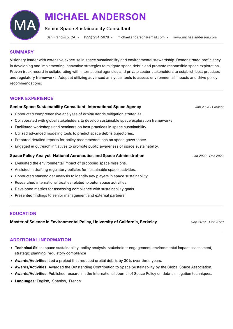Space Sustainability Officer resume example — ATS-friendly template