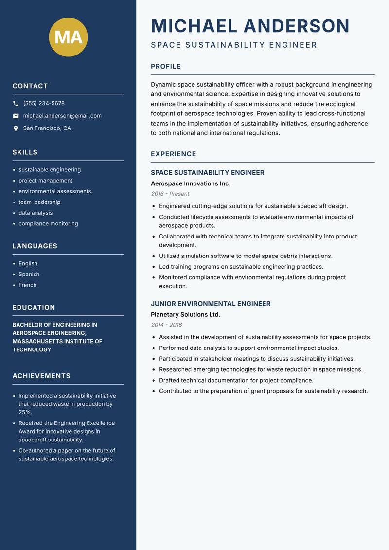 Space Sustainability Officer resume template — Classic Clean