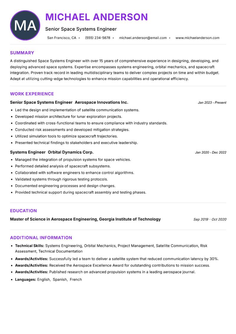 Space Systems Engineer resume example — ATS-friendly template