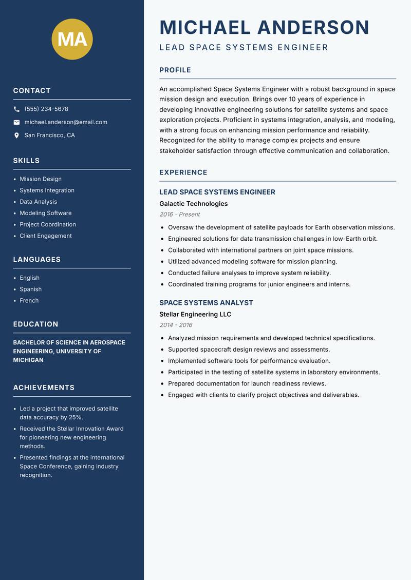 Space Systems Engineer resume template — Classic Clean
